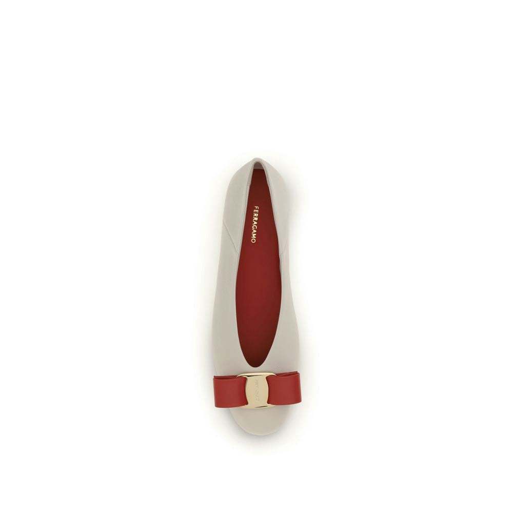 White Leather Ballet Flats with Vara Bow