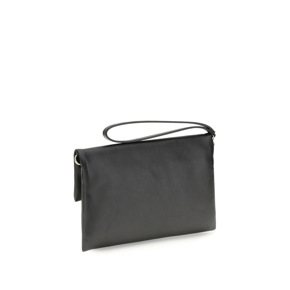 Black Leather Mamma Baguette Clutch with FF Closure