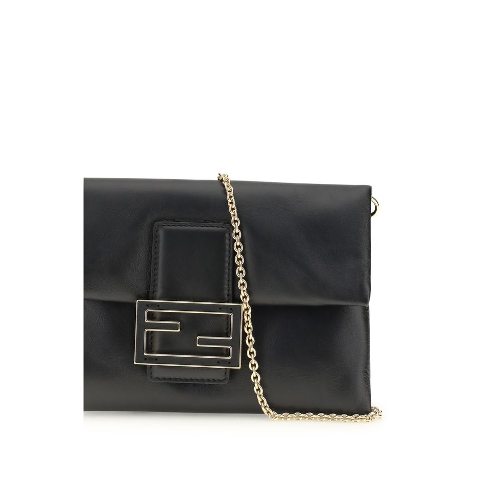 Black Leather Mamma Baguette Clutch with FF Closure