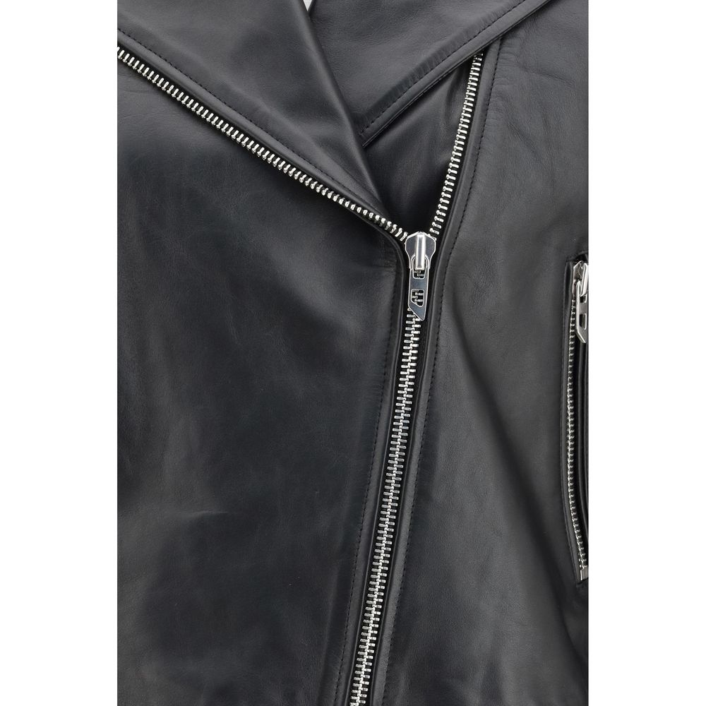 Black Leather Jacket with Asymmetrical Front and Zippers