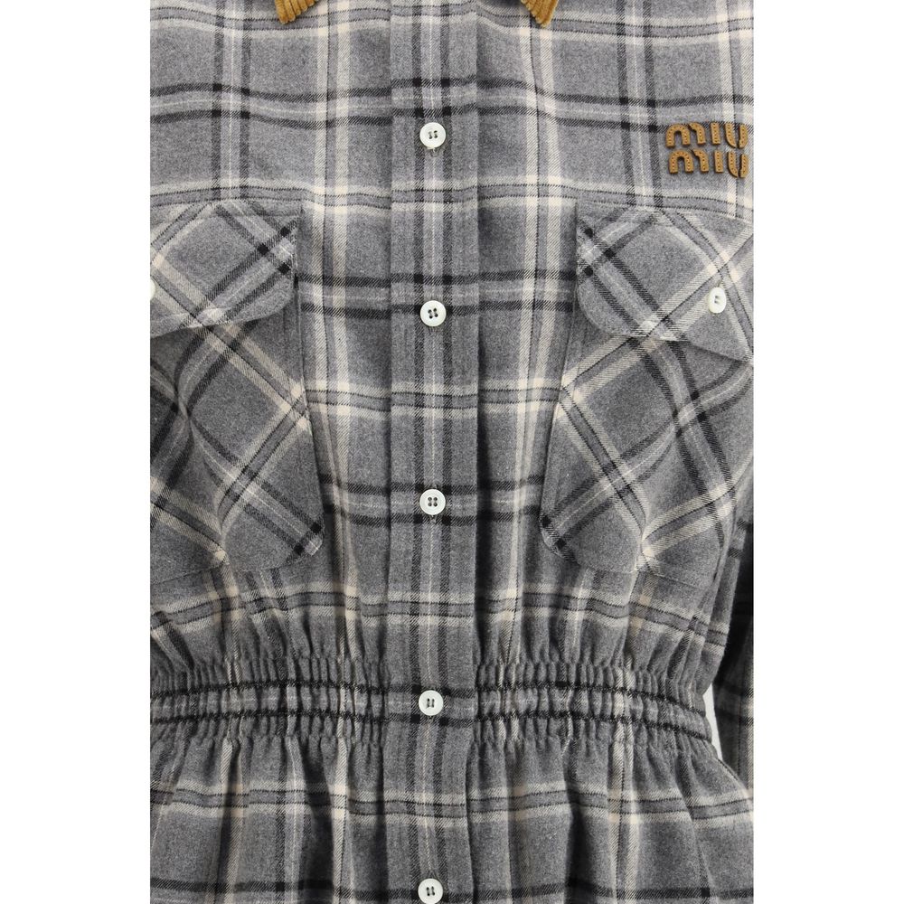 Gray Cotton Mini Dress with Velvet Collar and Leather Logo