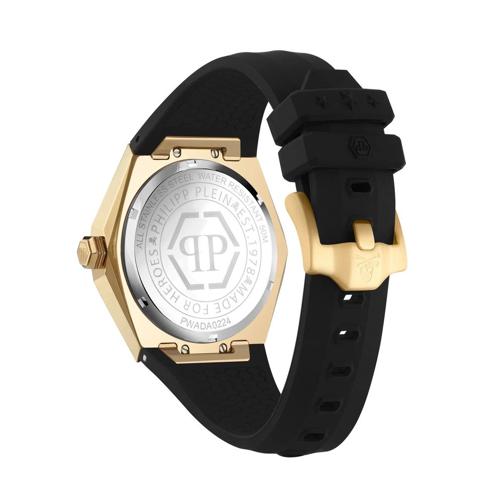 Schwarze, synthetische Armbanduhr mit goldenem Gehäuse und Totenkopf-Spikes
