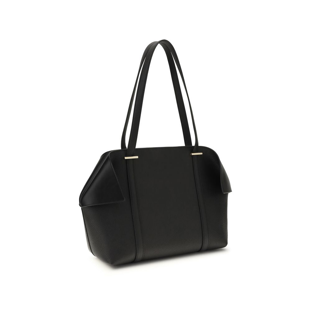Black Leather Tote Bag with Gancini Detail