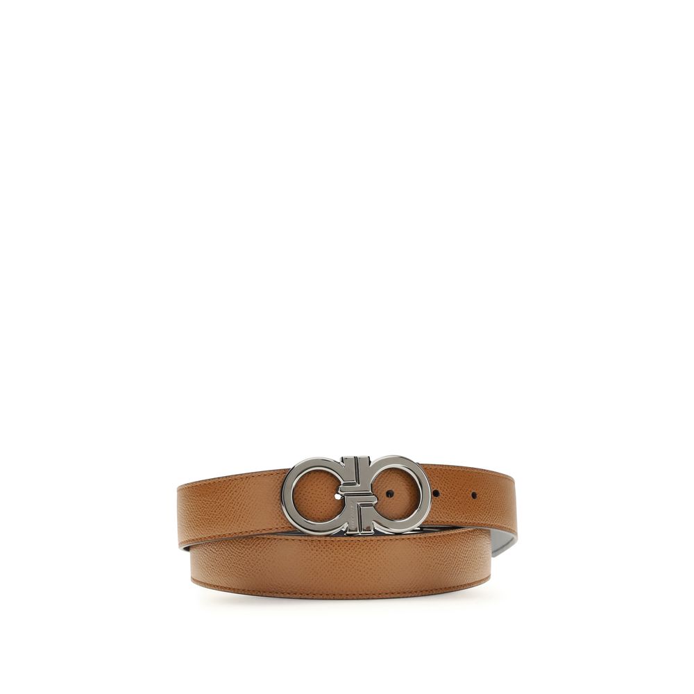 Brown Leather Reversible Adjustable Belt with Gancini Buckle
