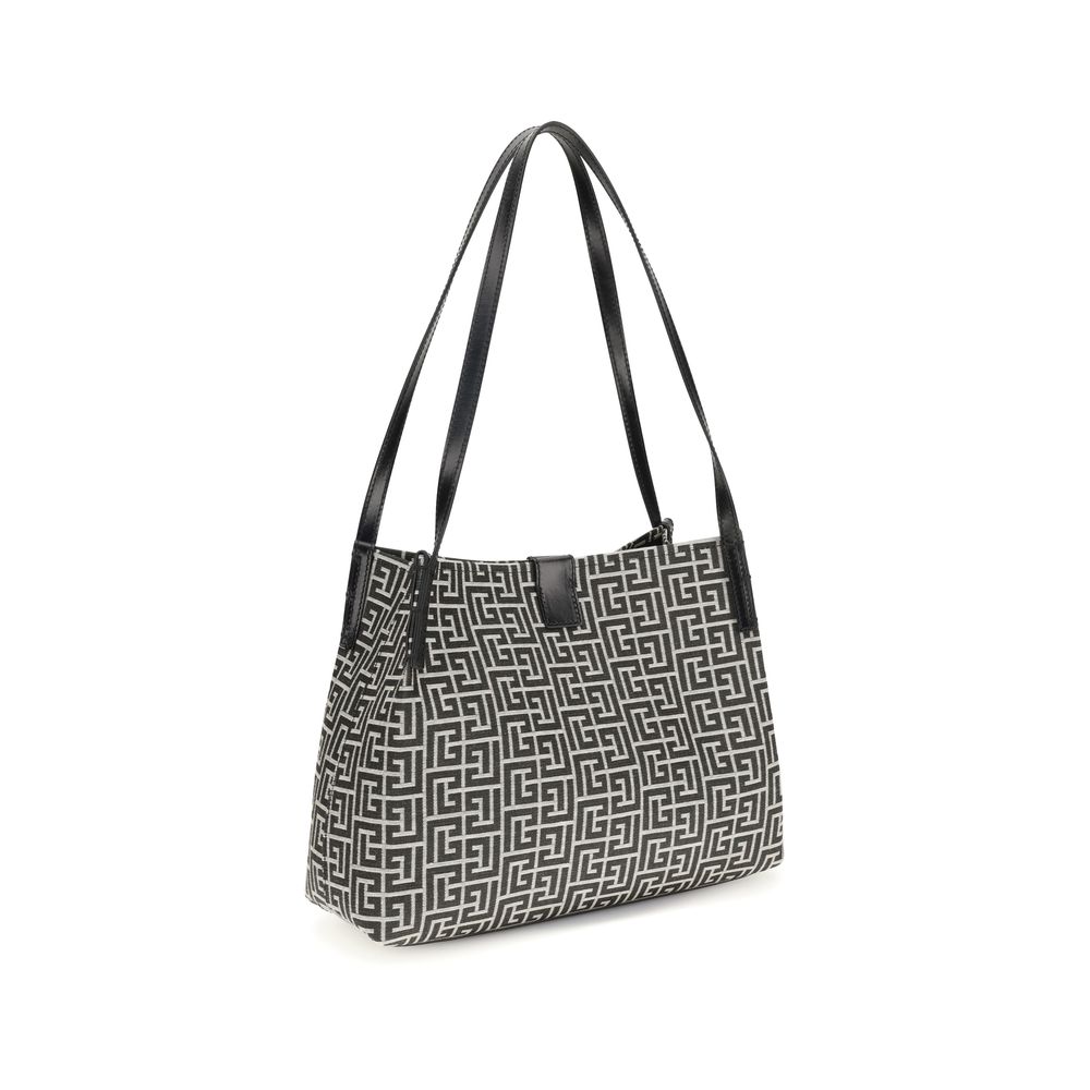 Black Cotton and Leather Tote Bag with Geometric Pattern