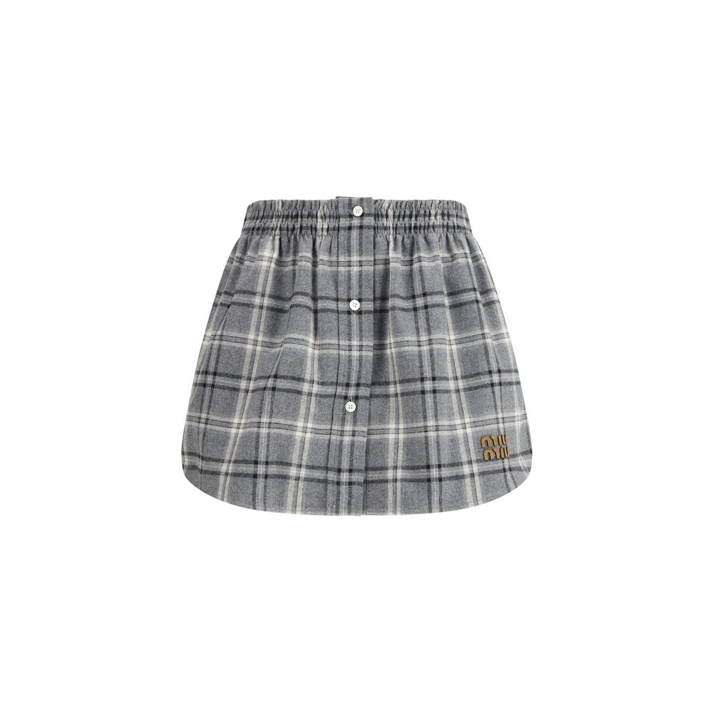 Gray Cotton Check Mini Skirt with Leather Logo