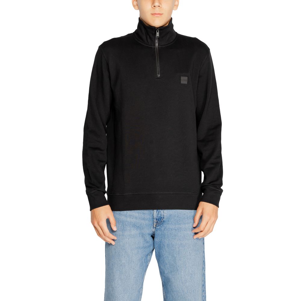 Schwarzes Baumwoll-Sweatshirt mit Stehkragen und halbem Reißverschluss