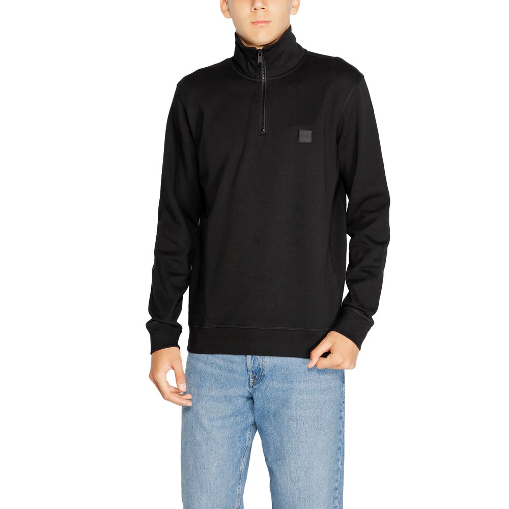 Black Cotton Sweatshirt with Half-Zip Collar