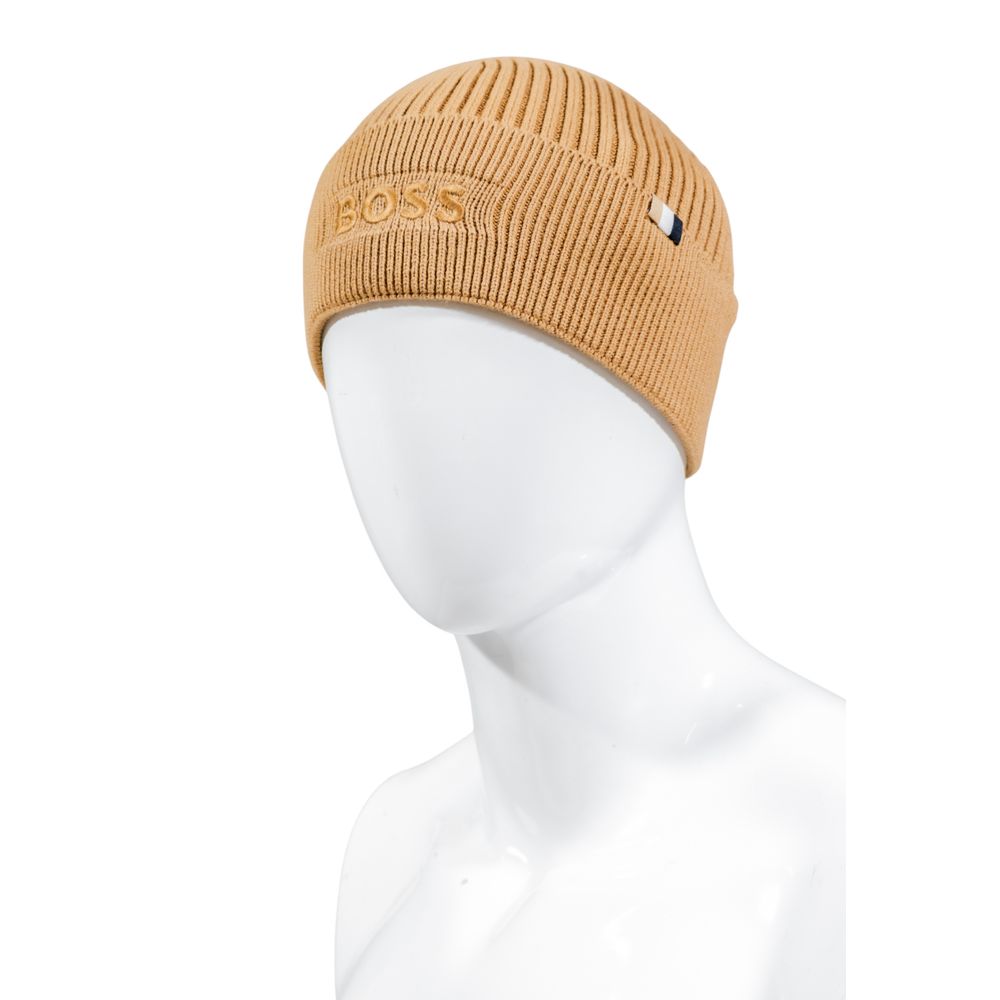 Beige Beanie aus Baumwolle und Wolle mit gesticktem Logo