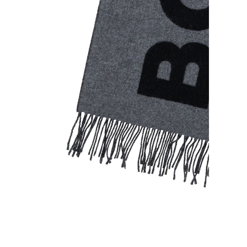 Gray Wool Scarf with Bold Logo and Fringed Ends