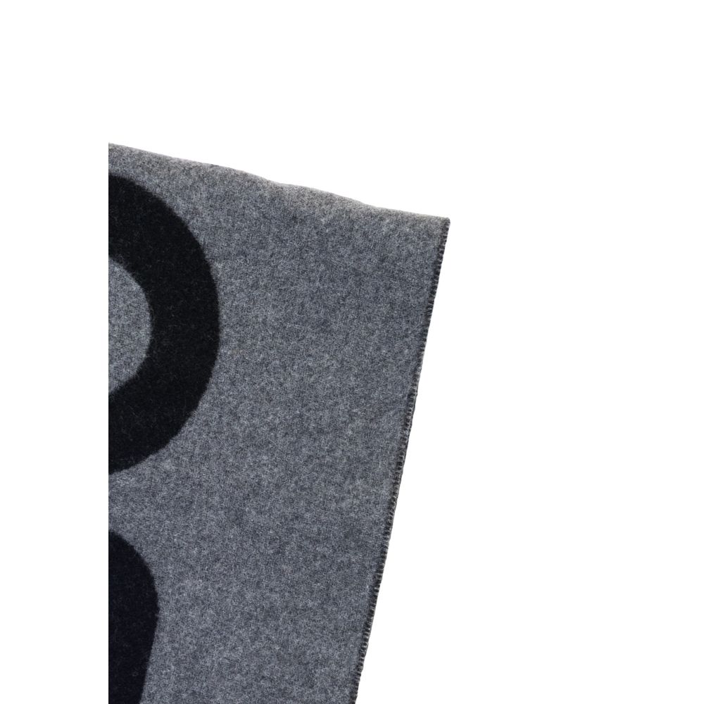 Gray Wool Scarf with Bold Logo and Fringed Ends