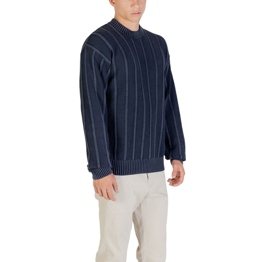 Blue Cotton Crew Neck Sweater with Ribbed Knit