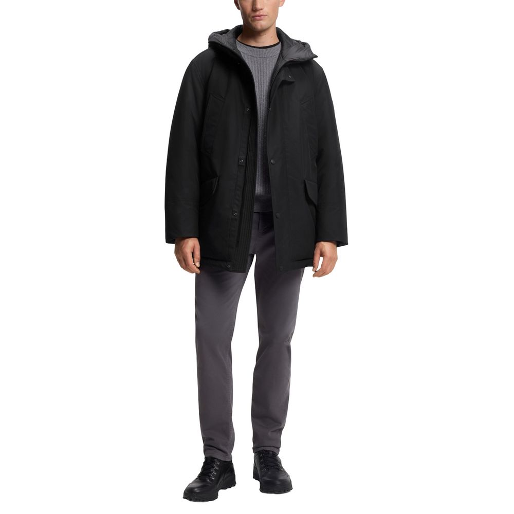 Black Synthetic Full-Length Jacket with Adjustable Hood
