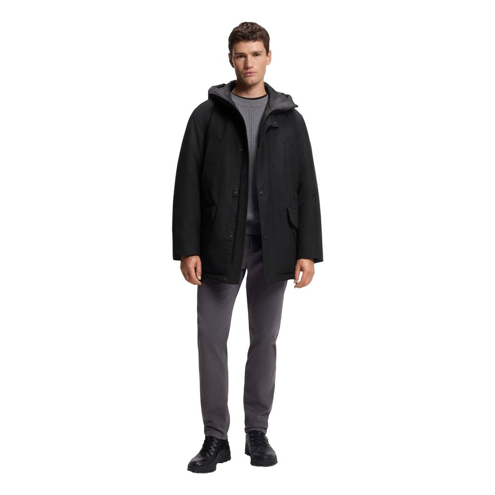 Black Synthetic Full-Length Jacket with Adjustable Hood