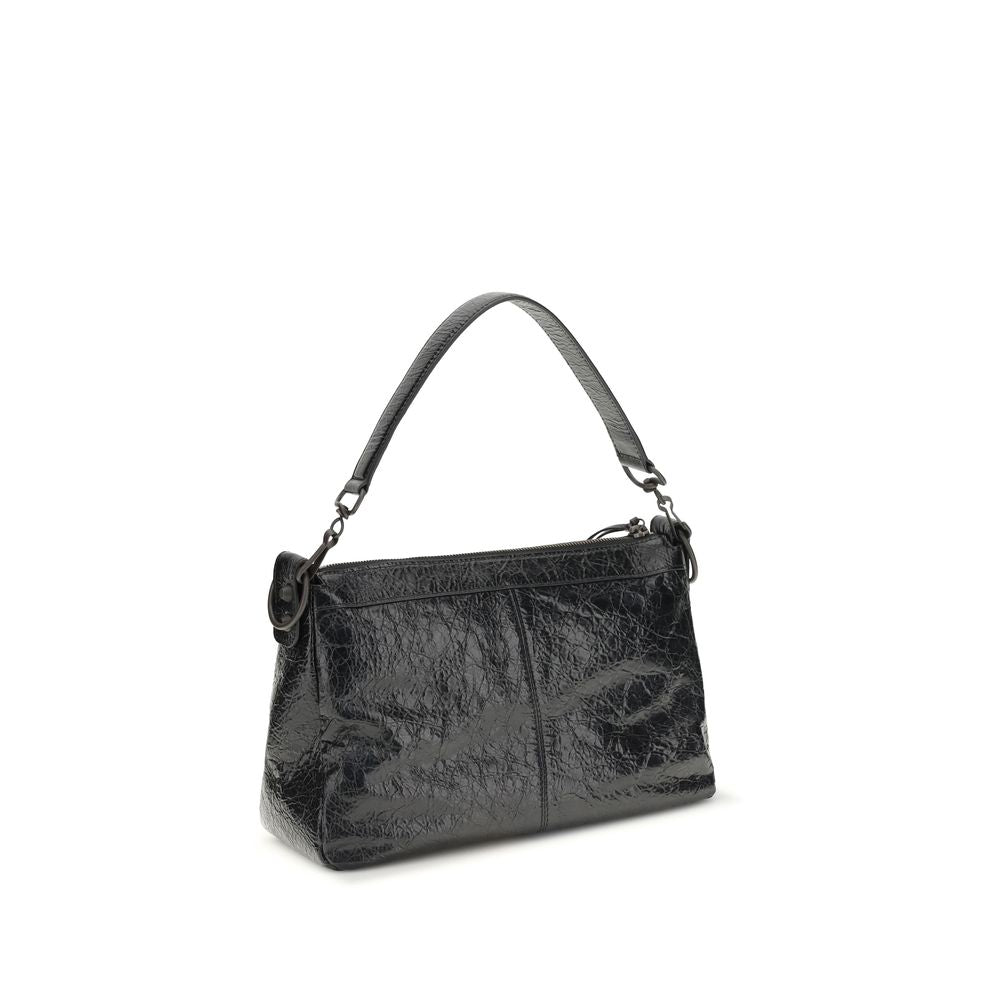 Black Leather Shoulder Bag with Brass Hardware