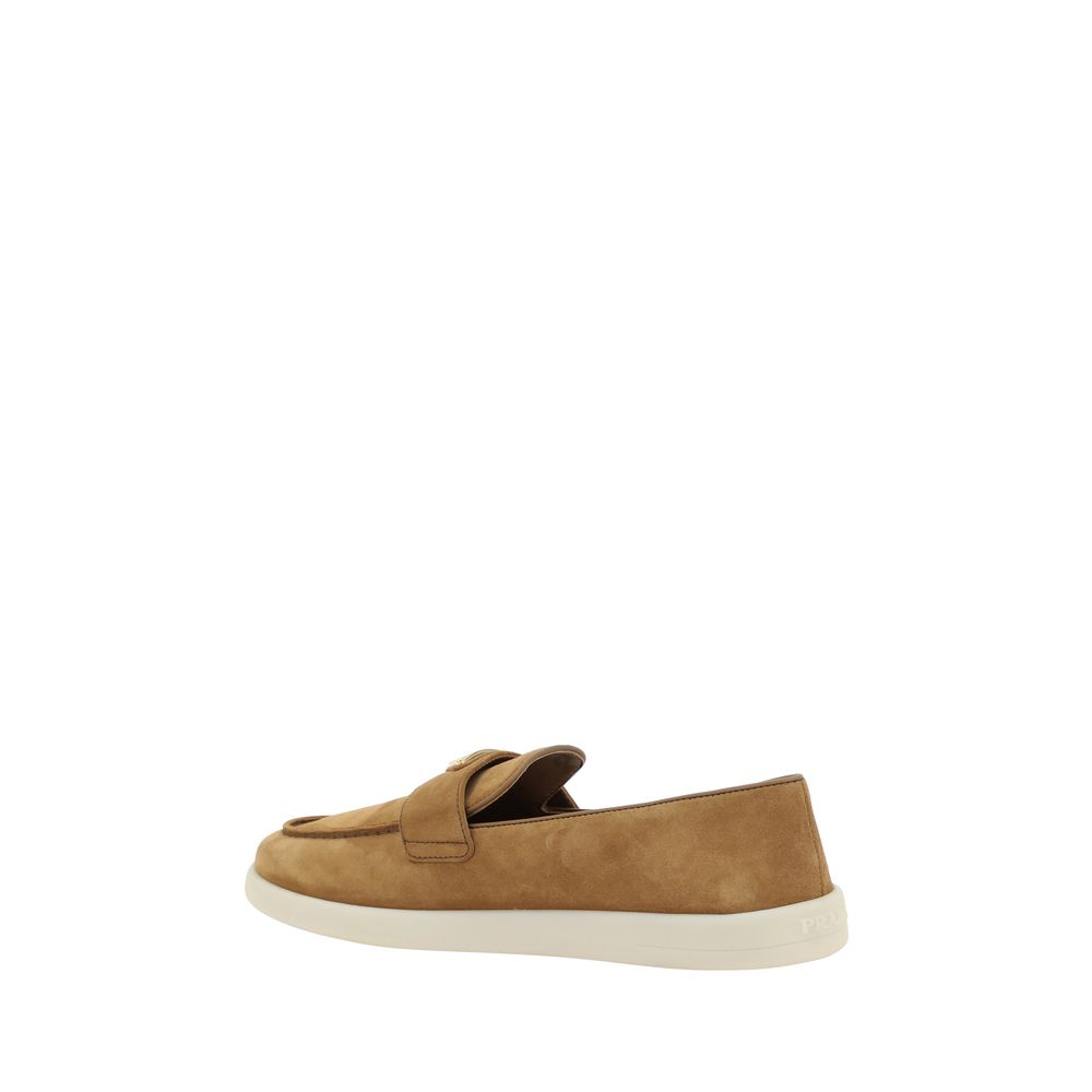 Brown Leather Loafers with Prada Plaque Slip-Ons