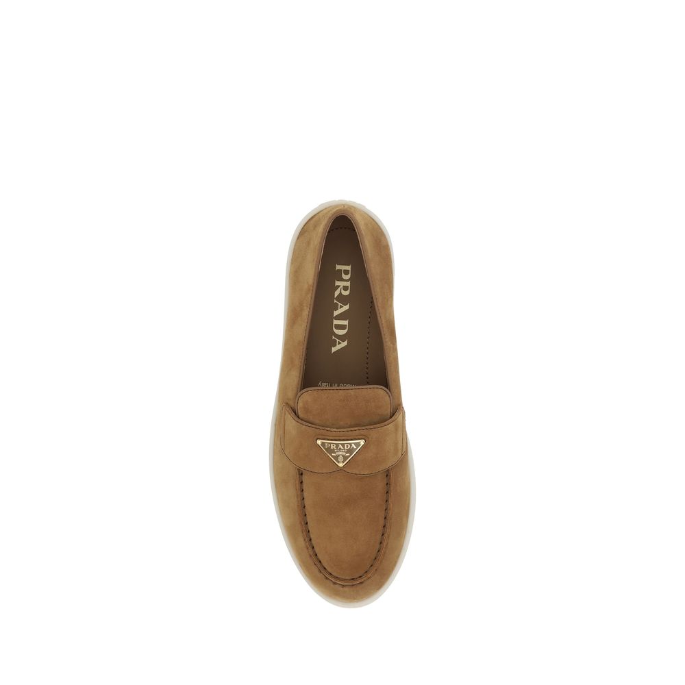 Brown Leather Loafers with Prada Plaque Slip-Ons