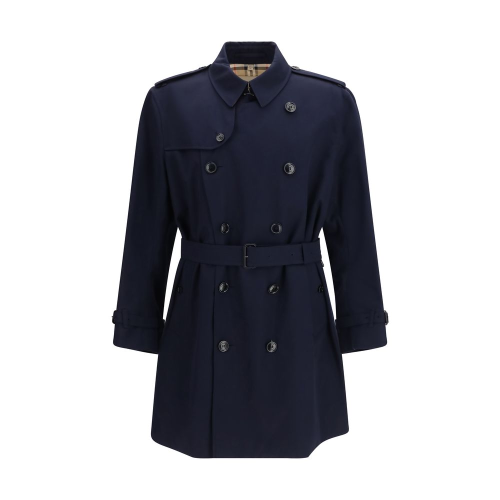 Blauer Baumwoll-Trenchcoat mit doppelreihiger Knopfleiste und Gürtel