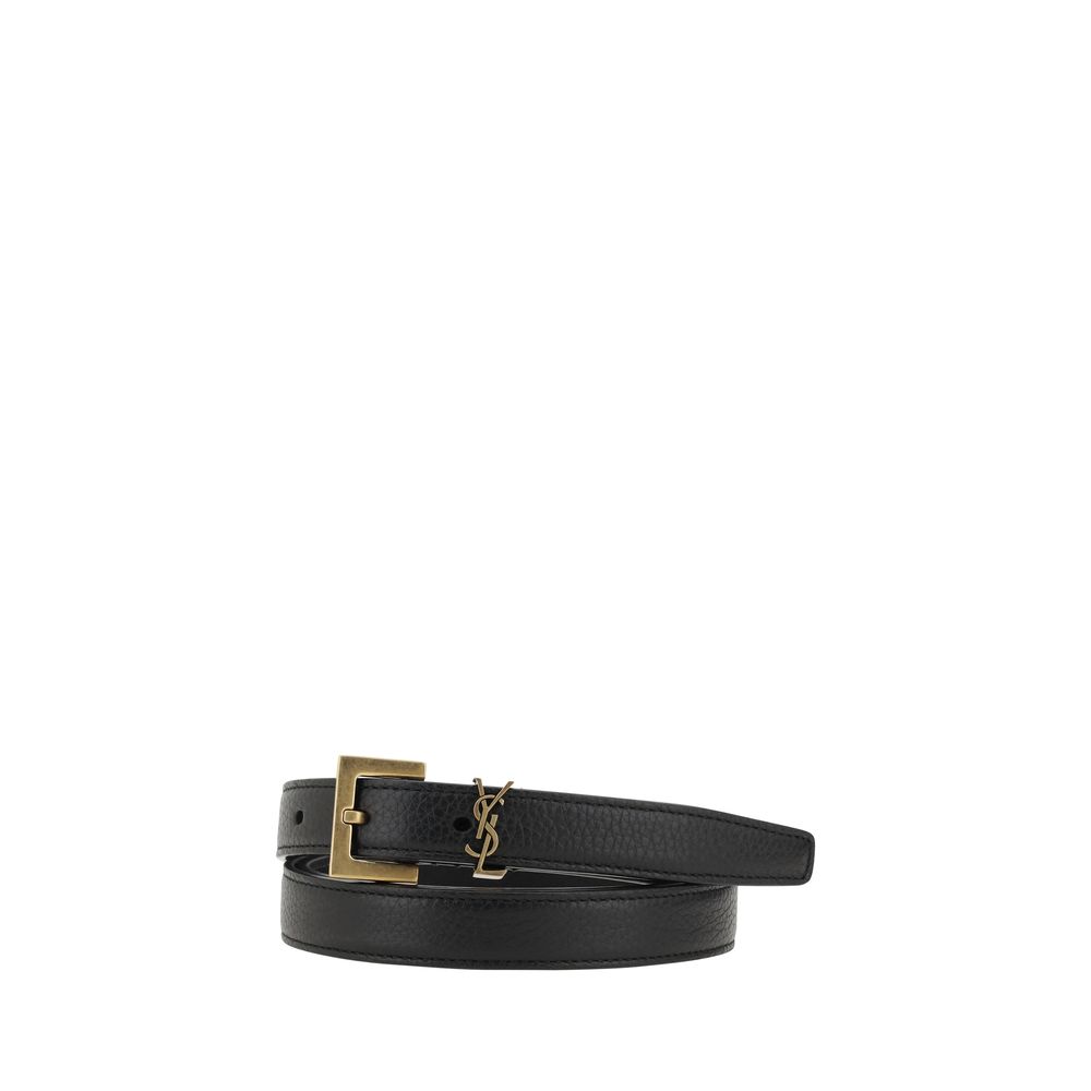 Schwarzer Ledergürtel mit YSL-Logo und eckiger Schnalle