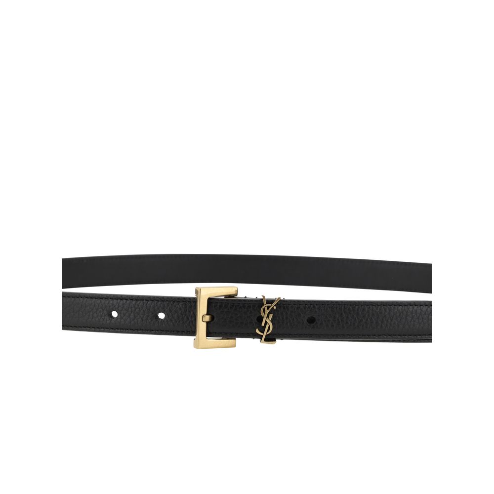 Black Leather Belt with YSL Logo and Square Buckle