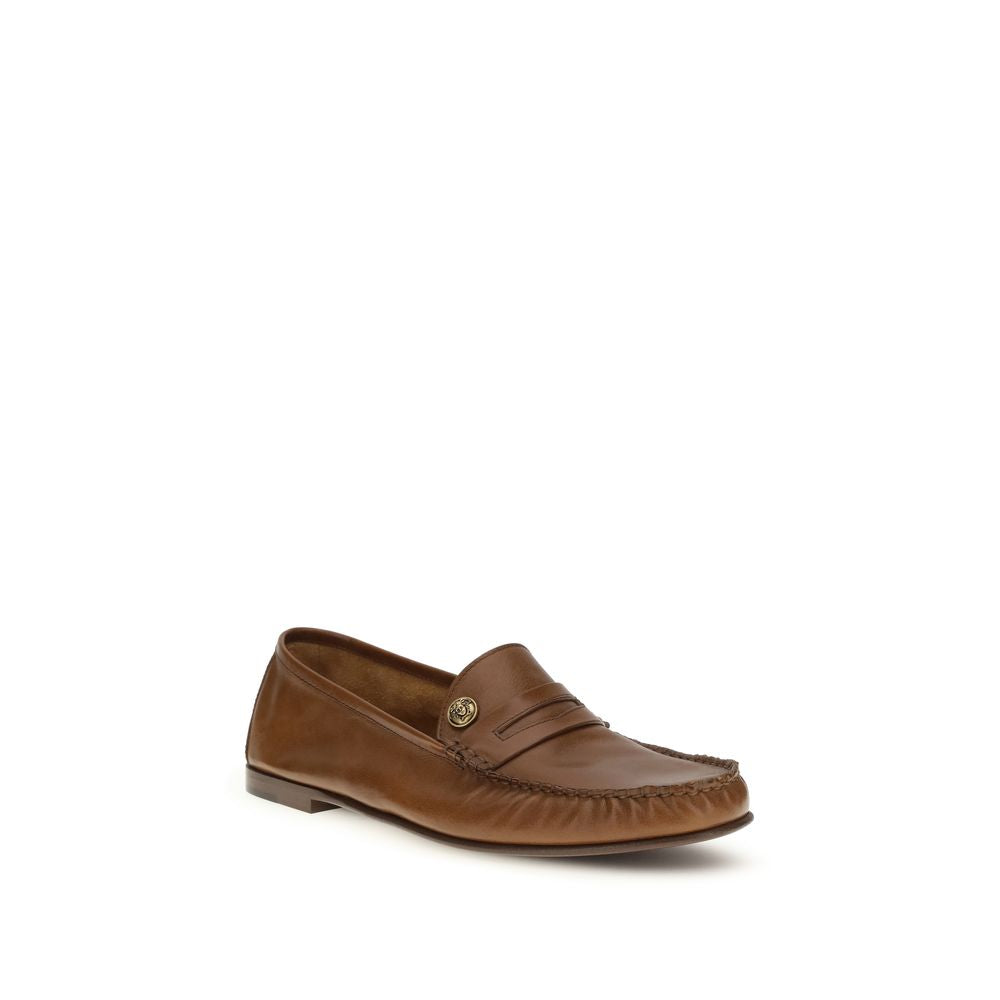 Brown Leather Slip-On Loafers with Brass Medusa Detail