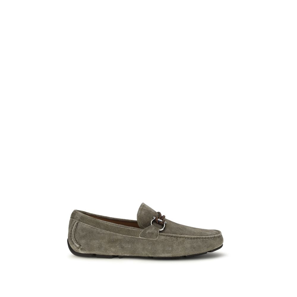 Gray Leather Slip-On Loafers with Gancini Detail