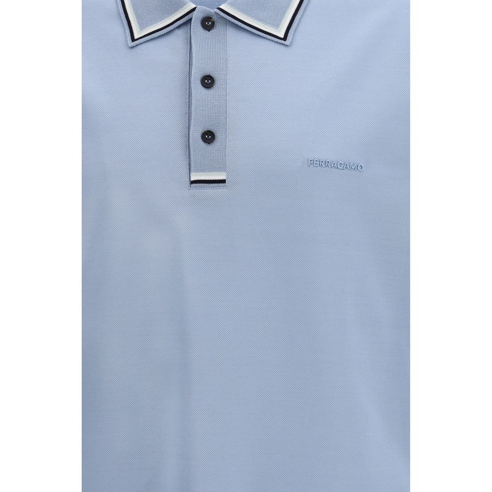 Blue Cotton Polo Shirt with Contrast Collar Trim