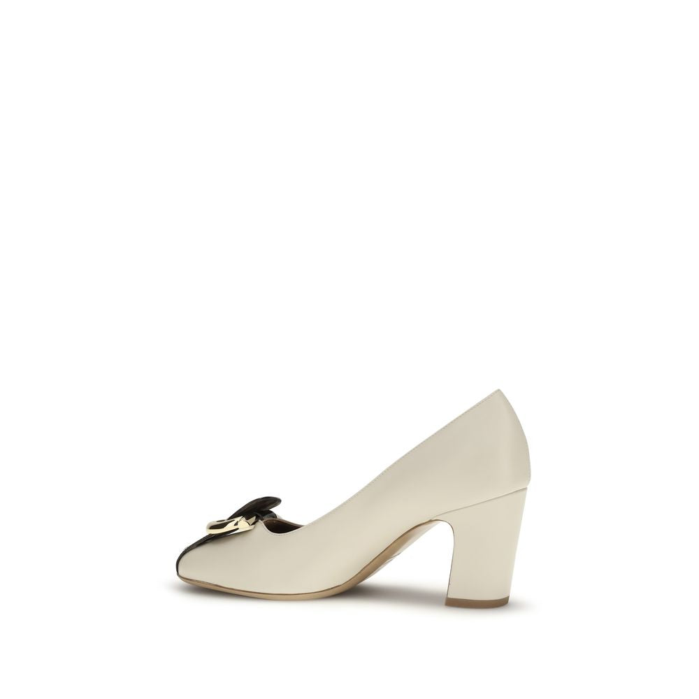 Beige Leather Pumps with Gancini Charm and Block Heel