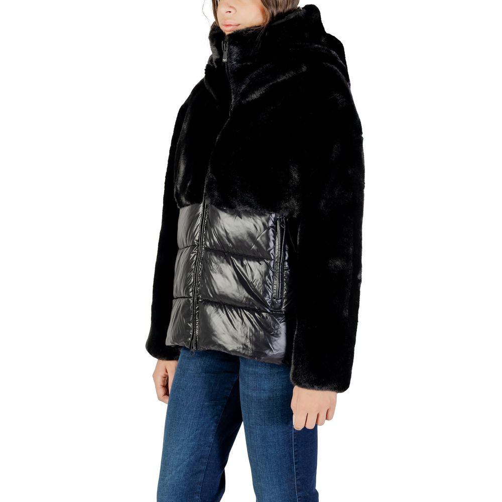 Black Synthetic Coat with Faux Fur and Quilted Design