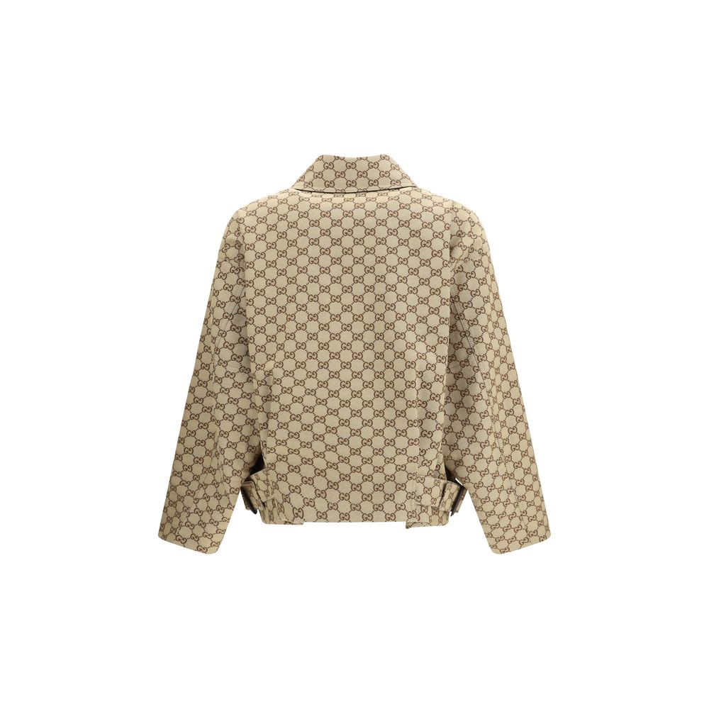 Beige Cotton Bomber Jacket with GG Canvas Pattern