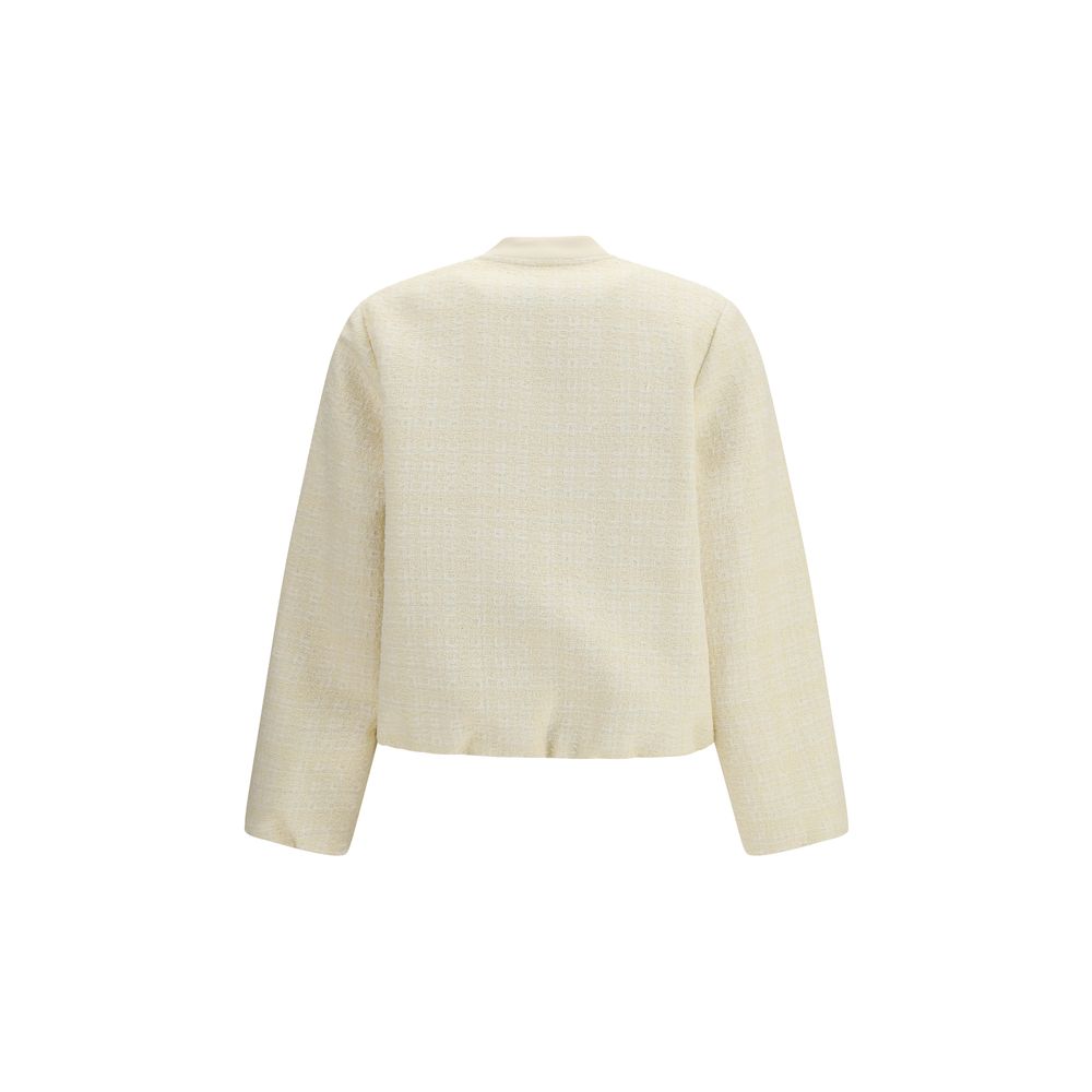 Beige Cotton Bomber Jacket with Tonal Check Embroidery
