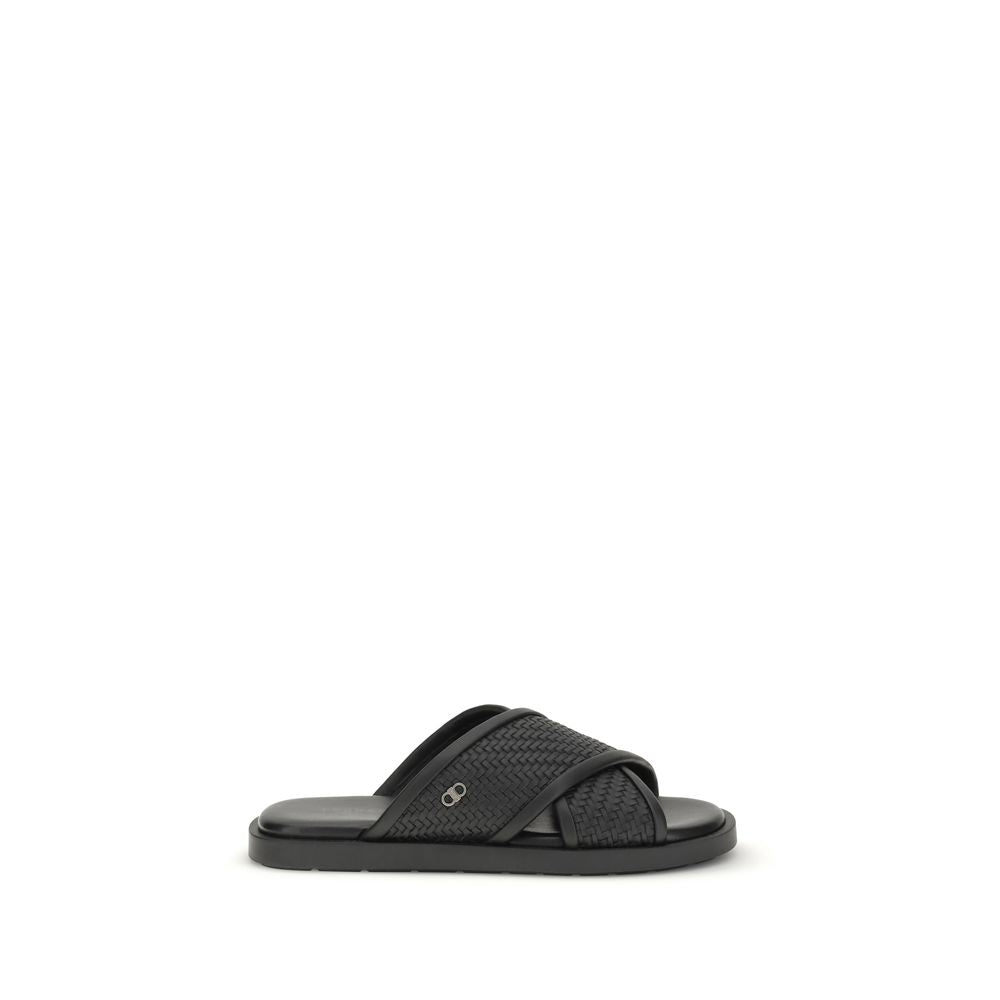Flache Gancini-Sandalen aus schwarzem Leder
