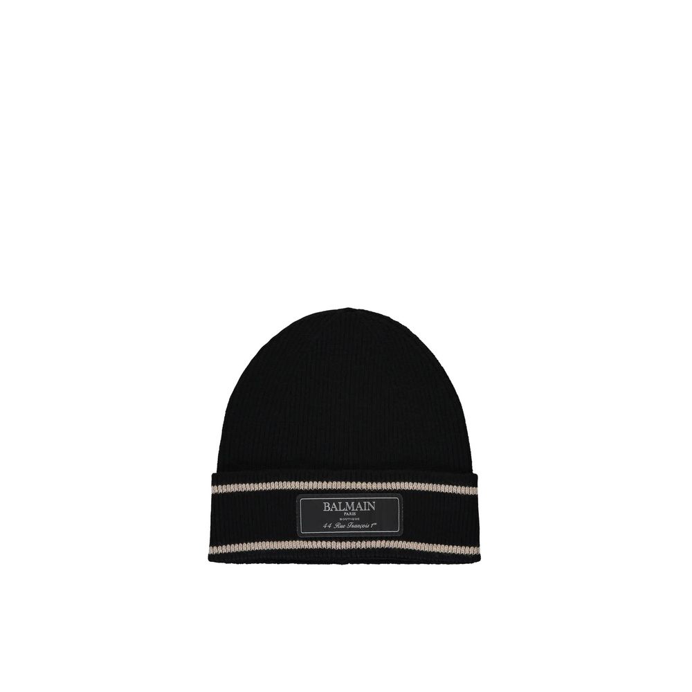 Black Wool Beanie with Logo Detail