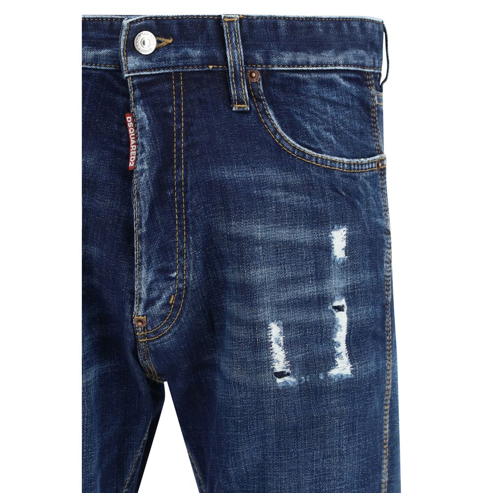 Blue Cotton Denim Jeans with Distressed Detail