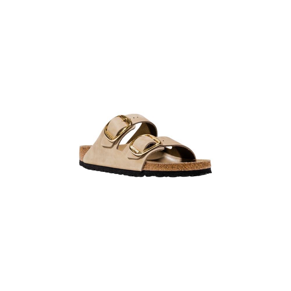Beige Leather Sandals with Gold Buckle Detail