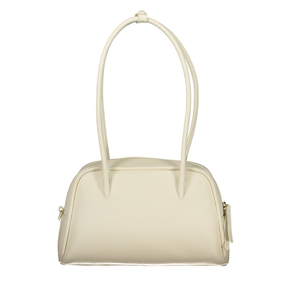 White Leather Handbag with Shoulder Handles and Pockets