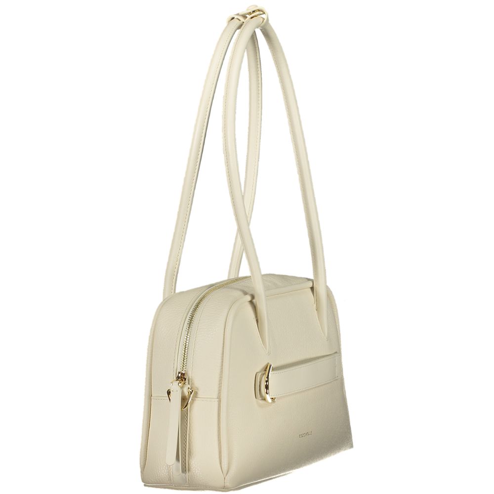 Weiße Lederhandtasche mit Schulterhenkeln und Taschen