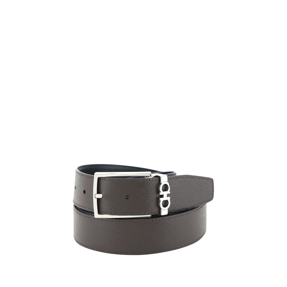 Black Leather Reversible Belt with Gancini Buckle
