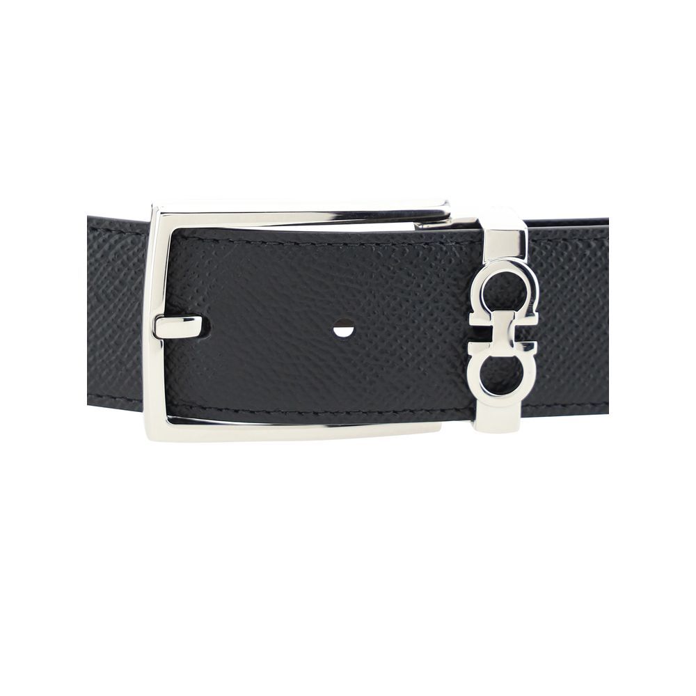 Black Leather Reversible Belt with Gancini Buckle