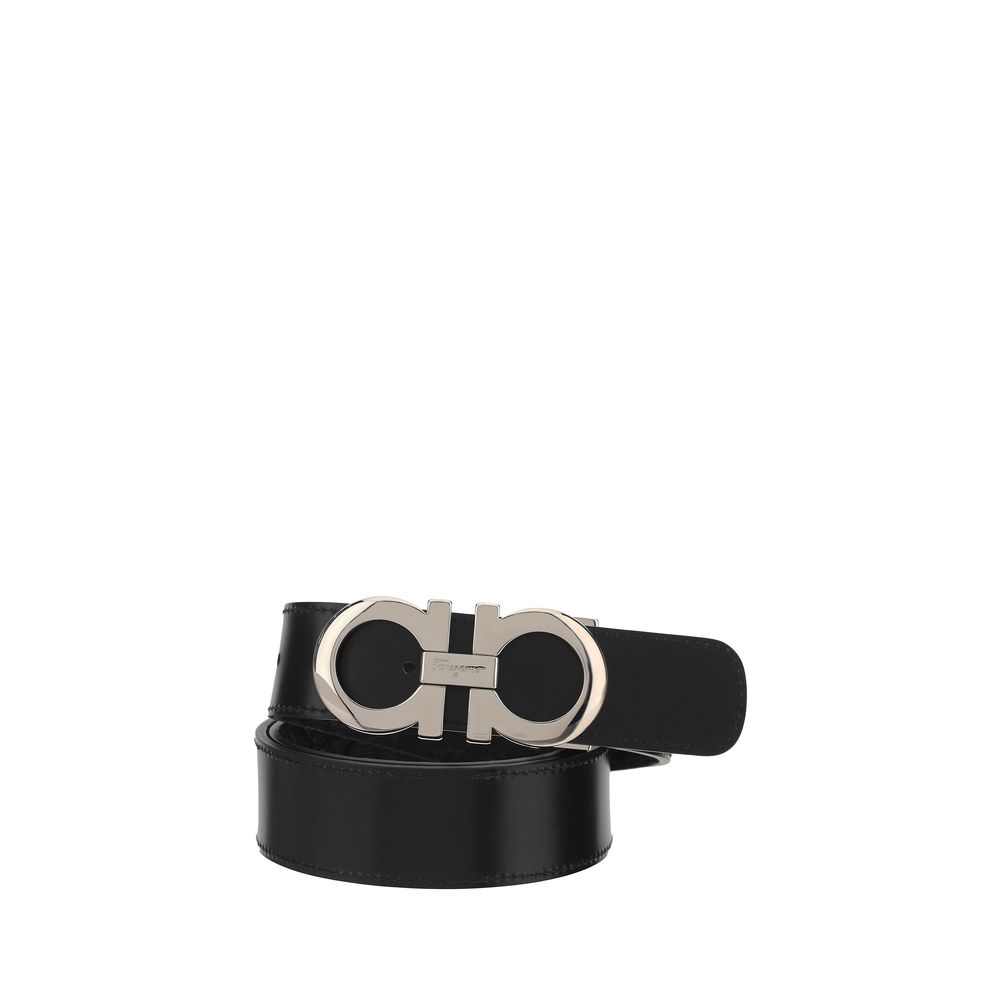 Black Leather Belt with Reversible Gancini Buckle