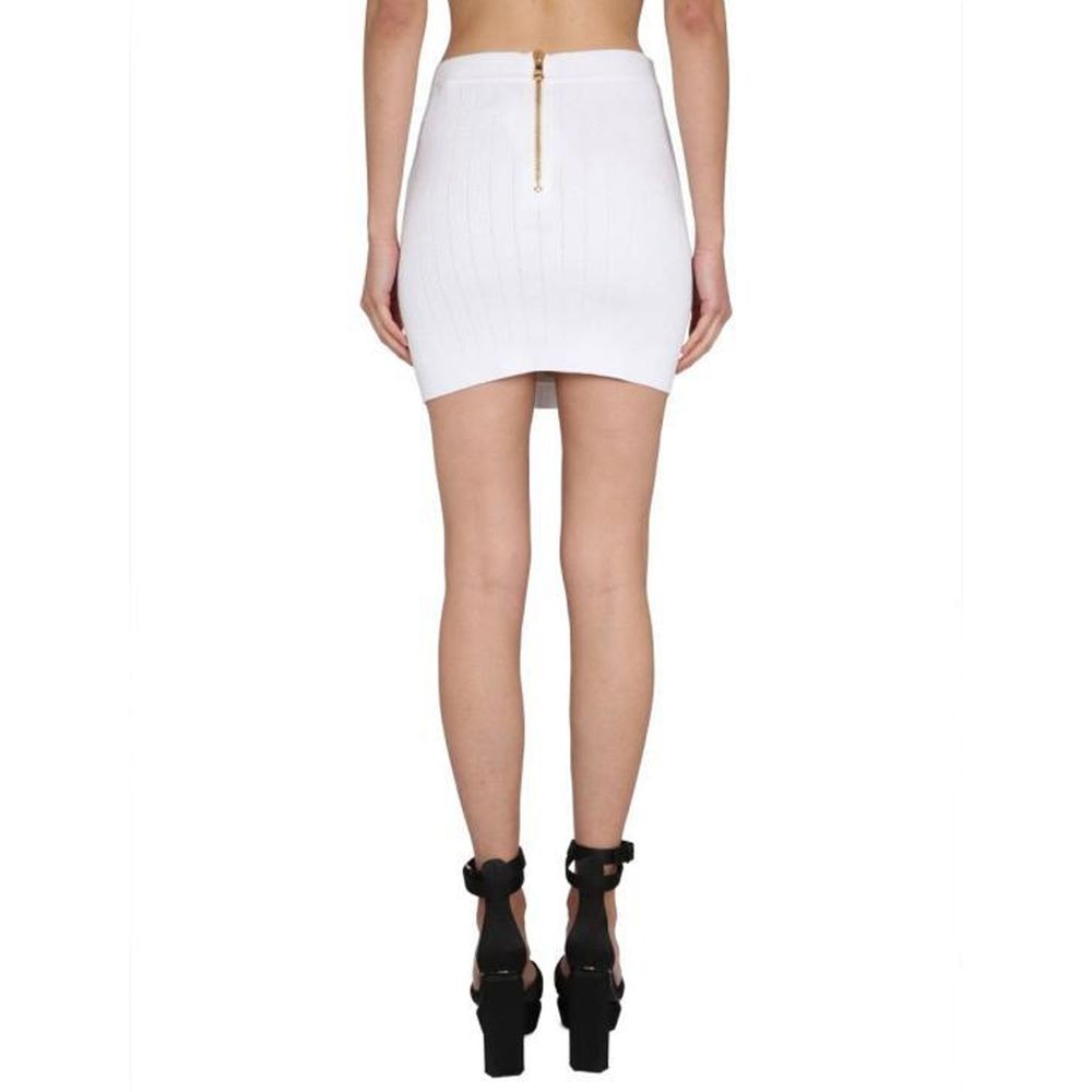 White Synthetic Mini Skirt with Gold-Tone Buttons