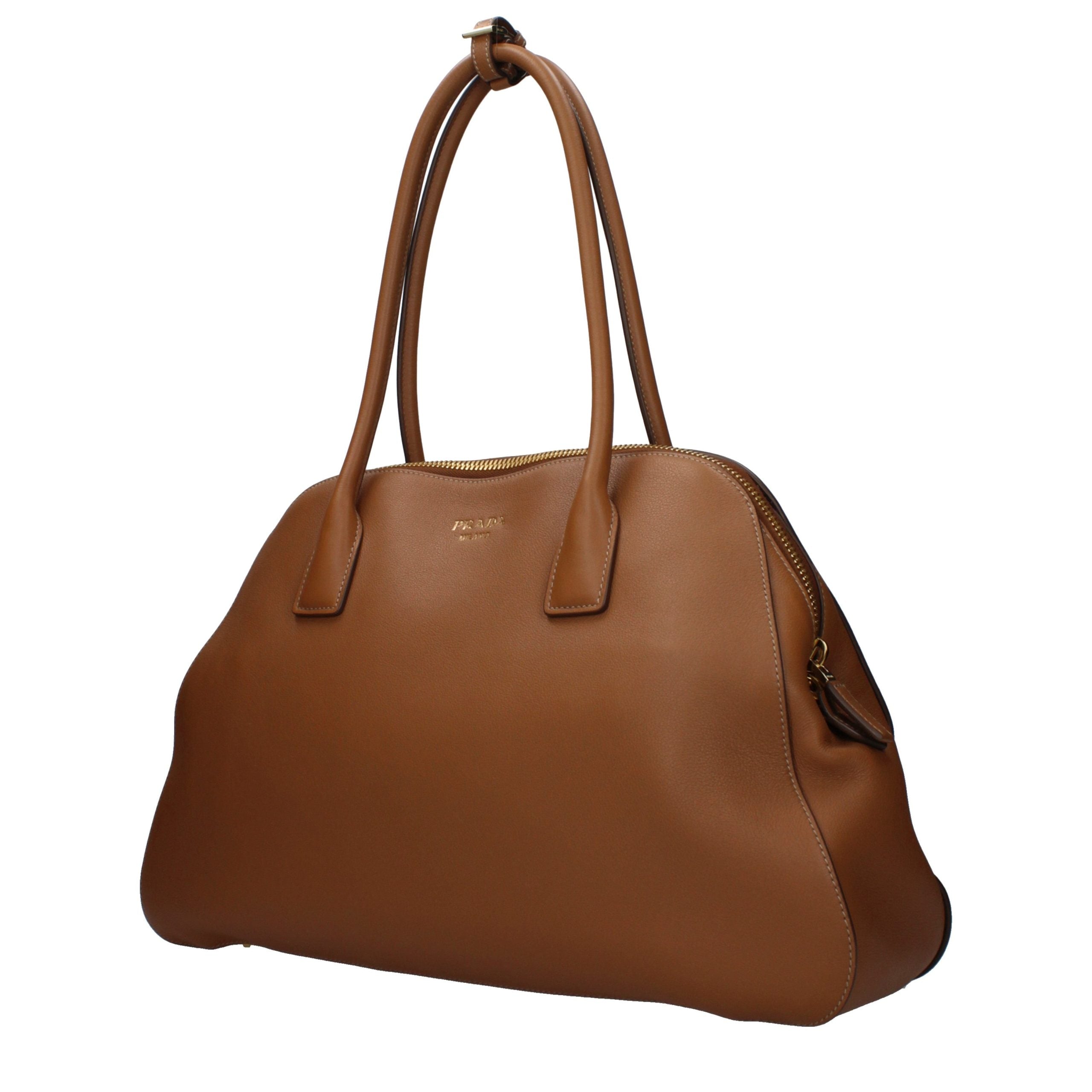 Brown Leather Shoulder Bag with Front Logo by Prada