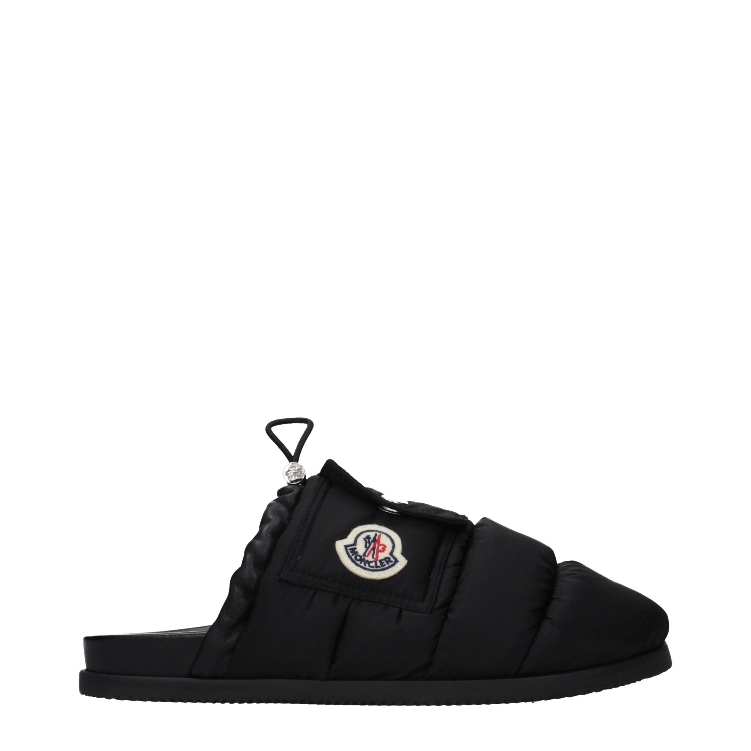 Schwarze synthetische Slipper mit seitlichem Logo von Moncler