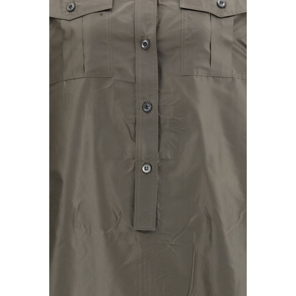 Bicolor Silk Dress with Shirt Collar and Pockets