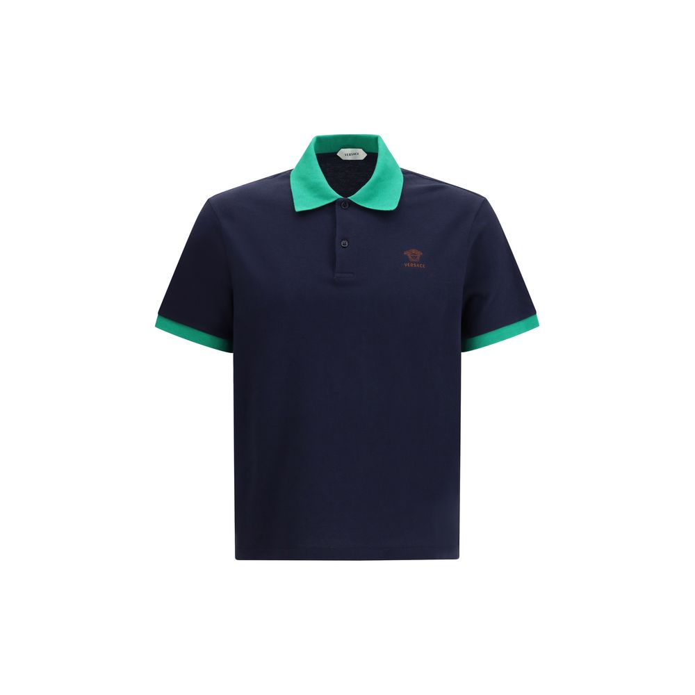 Blaues Baumwoll-Poloshirt mit gesticktem Medusa-Logo