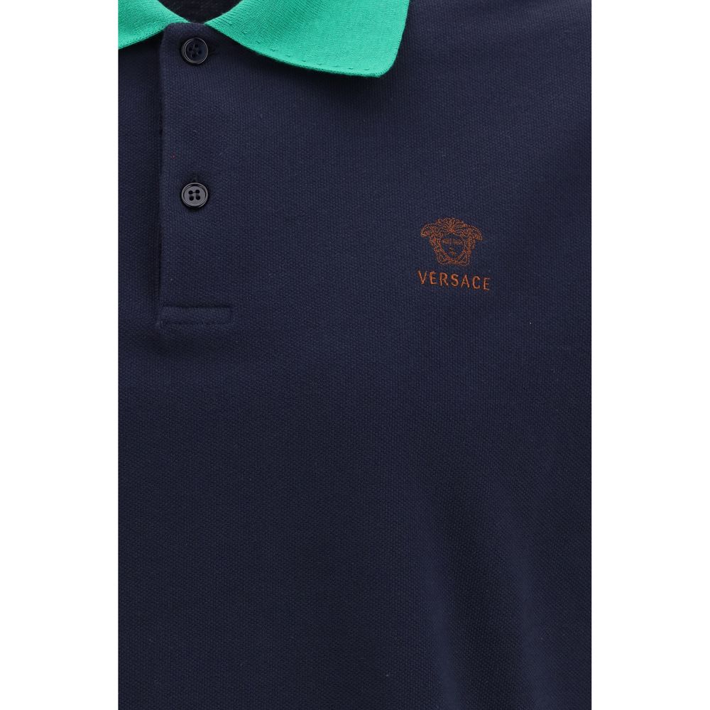 Blue Cotton Polo Shirt with Embroidered Medusa Logo