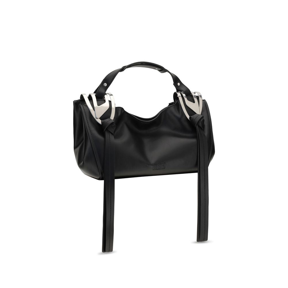 Schwarze Handtasche aus Leder mit Knoten und verstellbarem Riemen