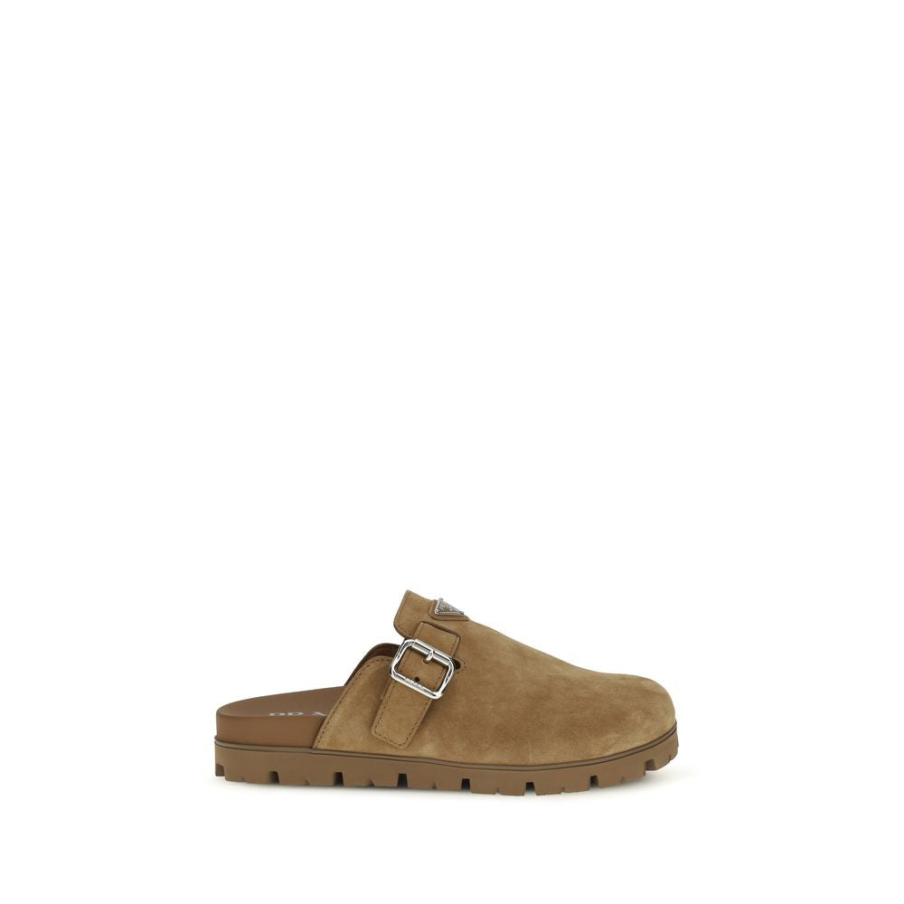 Beige Leather Mules with Metal Triangle Logo