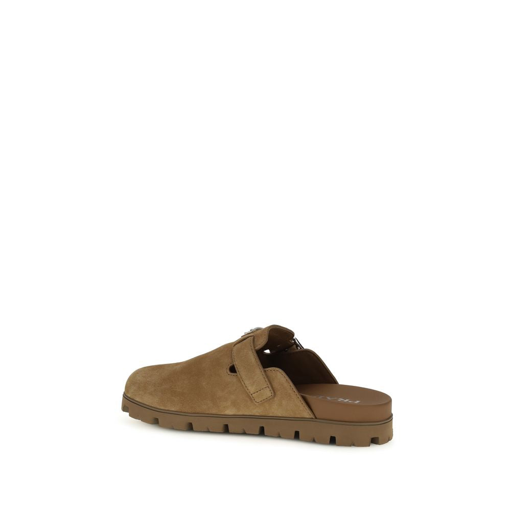 Beige Leather Mules with Metal Triangle Logo