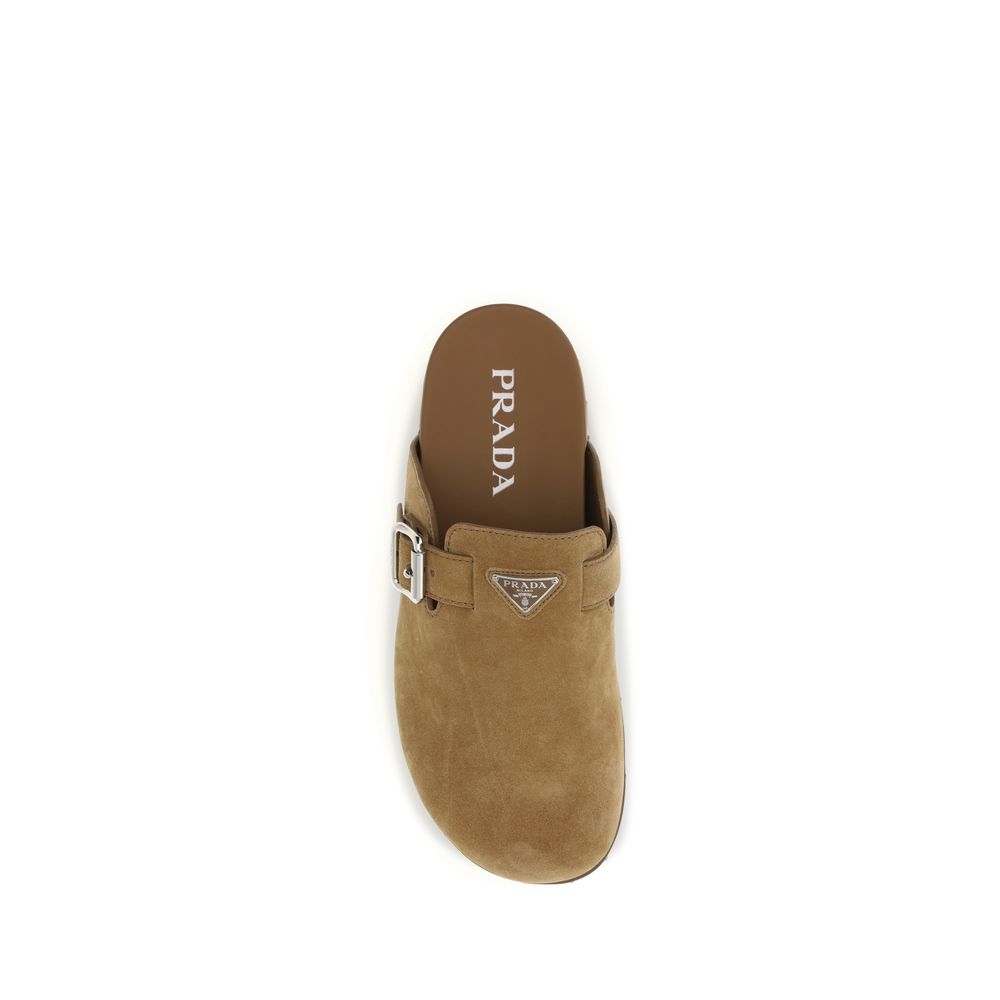 Beige Leather Mules with Metal Triangle Logo